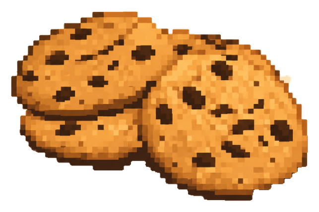 Three pixel-art chocolate chip cookies stacked together